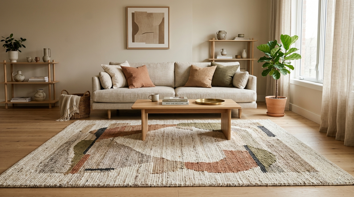 Modern living room with a handmade wool rug in neutral and earthy colors, styled with natural wood furniture and soft organic modern décor.