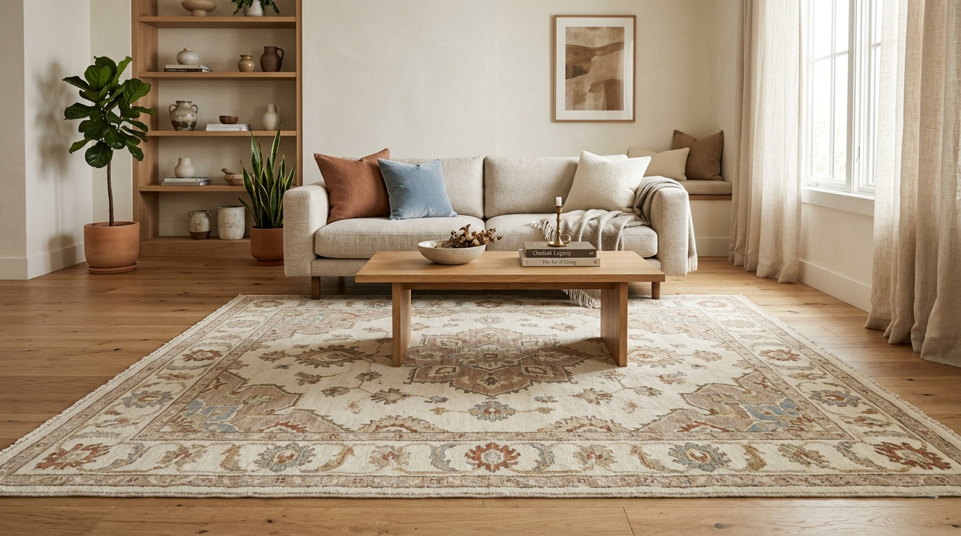 Handmade Oushak rug in a warm modern living room with muted colors, classic border design, natural wood furniture, and soft daylight.