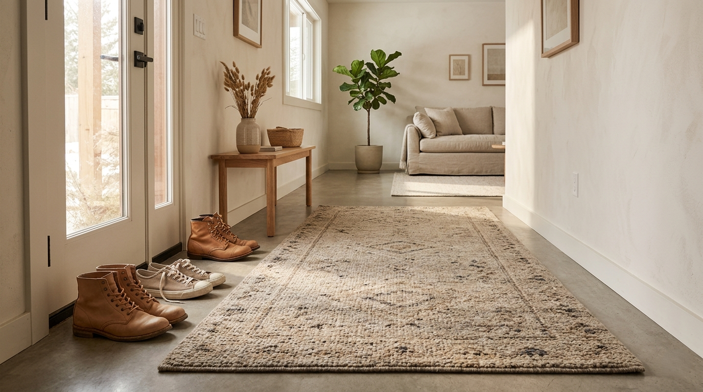 Durable handmade wool rug in a modern high-traffic home area with neutral décor, natural wood furniture, and warm daylight.