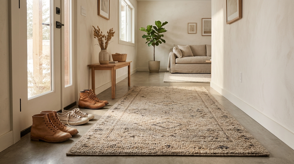 Durable handmade wool rug in a modern high-traffic home area with neutral décor, natural wood furniture, and warm daylight.