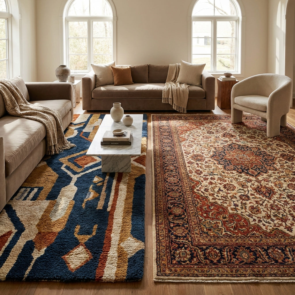 Comparison of hand tufted and hand knotted handmade rugs in a modern luxury living room interior.