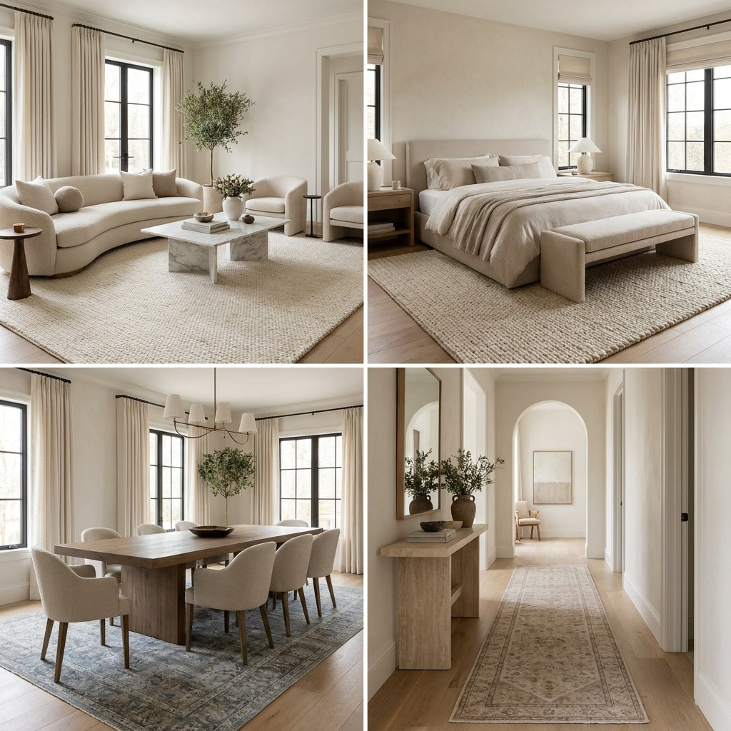 Rug size guide showing properly sized handmade rugs in living room, bedroom, dining room, and hallway interiors.