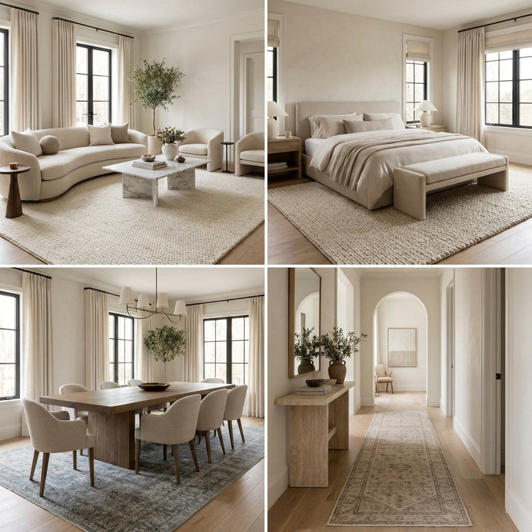 Translation missing: es.Rug size guide showing properly sized handmade rugs in living room, bedroom, dining room, and hallway interiors