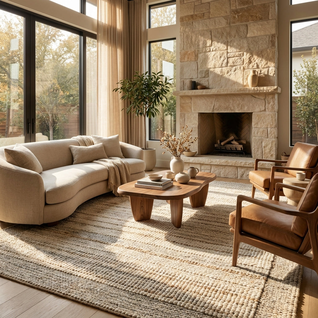 Luxury handmade wool rug in a modern living room showcasing artisan craftsmanship and premium wool texture.