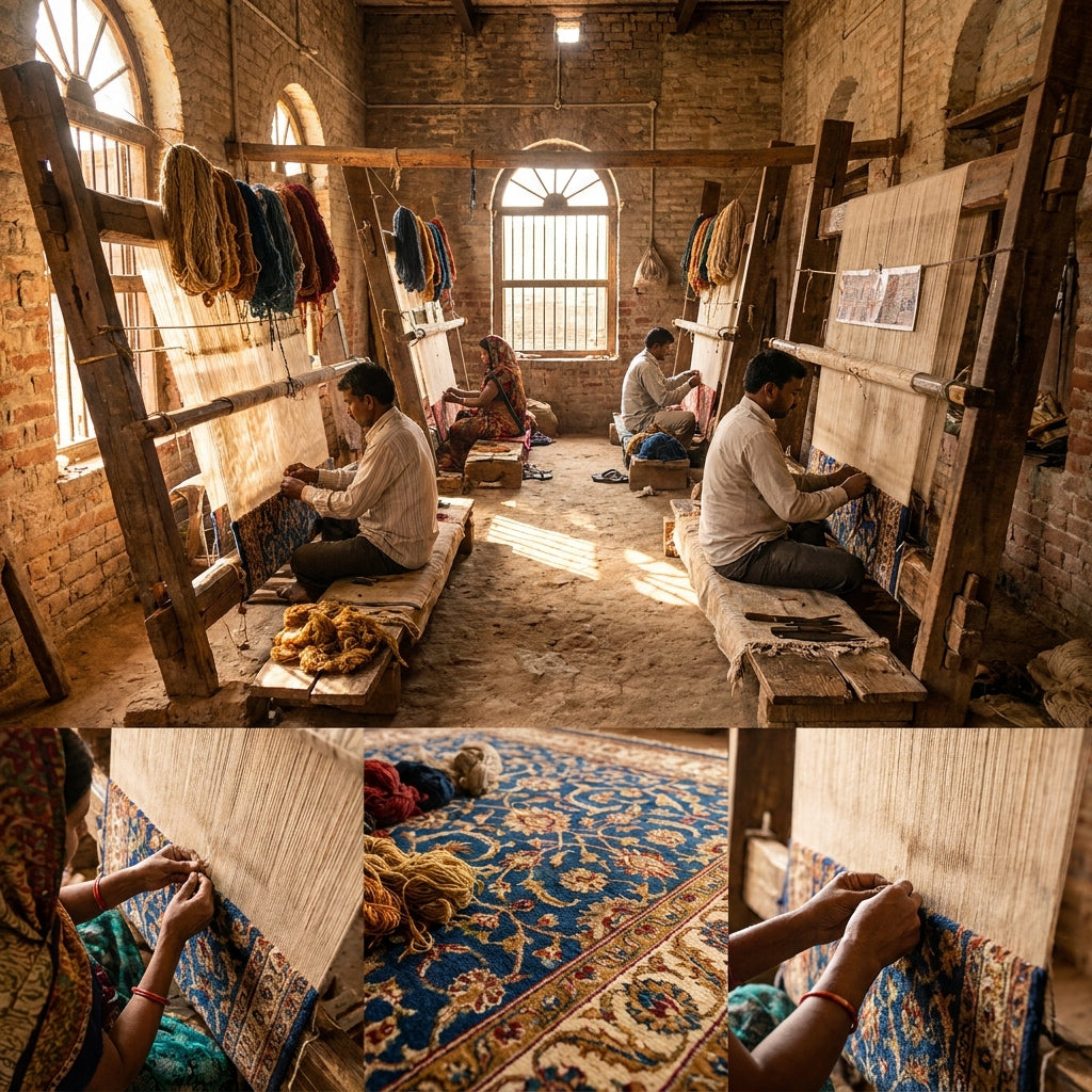 Artisans hand weaving colorful handmade wool rugs on traditional looms in Bhadohi, India.