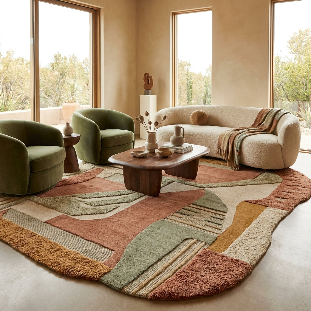 Modern 2026 interior design featuring an irregular shaped handmade wool rug with earthy colors and textured contemporary styling.