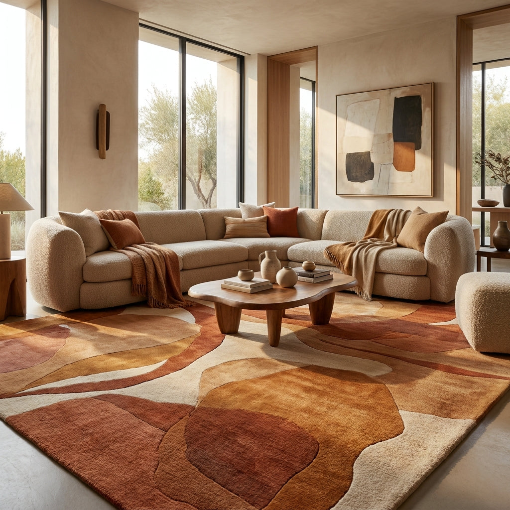 Luxury modern living room styled with a large handmade wool rug and contemporary furniture layout.