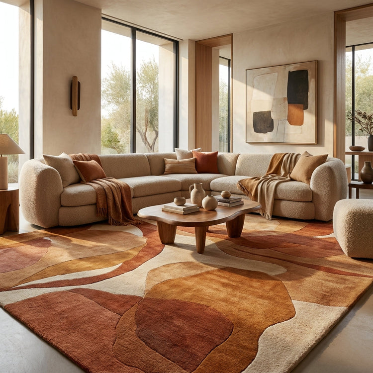 Translation missing: es.Luxury modern living room styled with a large handmade wool rug and contemporary furniture layout