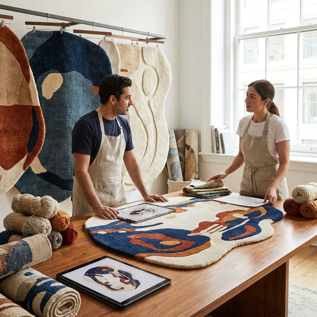 Custom handmade rug design process with wool samples, artisan craftsmanship, and modern rug styling concepts.