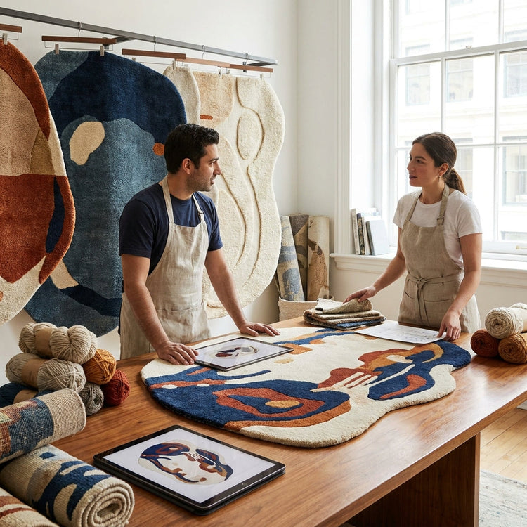 Translation missing: es.Custom handmade rug design process with wool samples, artisan craftsmanship, and modern rug styling concepts