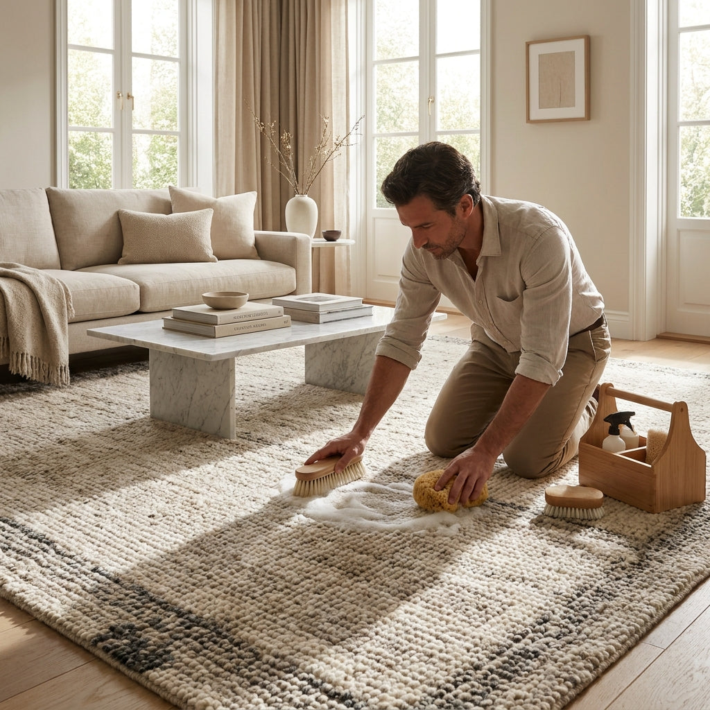 Artisan cleaning and maintaining a handmade wool rug in a modern luxury living room interior.