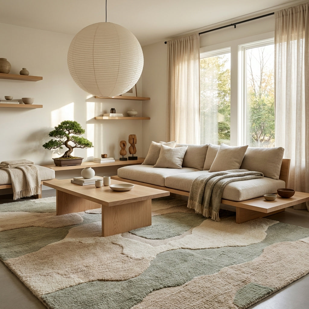 Modern Japandi living room styled with a neutral handmade wool rug, light wood furniture, and minimalist decor.