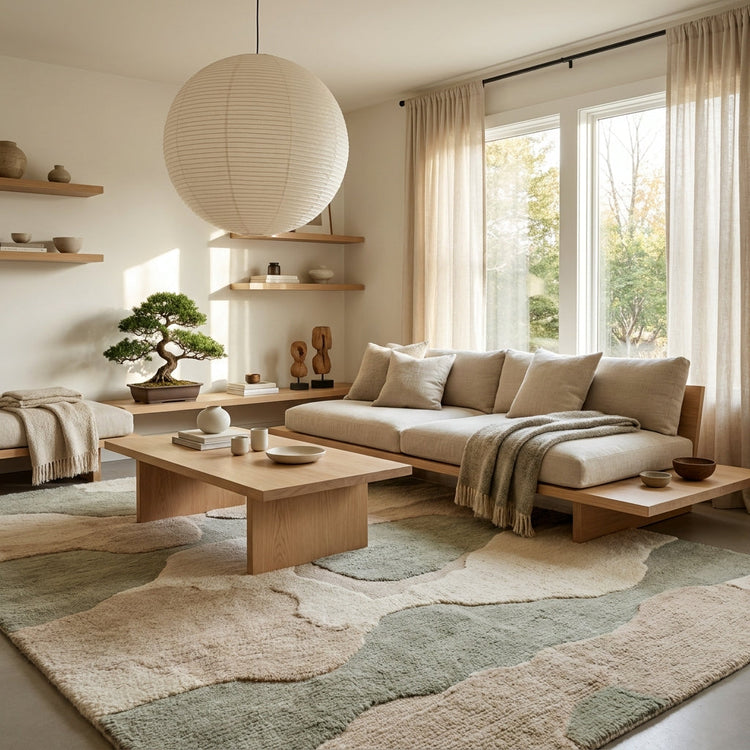Translation missing: es.Modern Japandi living room styled with a neutral handmade wool rug, light wood furniture, and minimalist decor