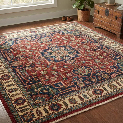 Handmade Persian style rug with classic medallion pattern and detailed border for living room, bedroom, dining room, and timeless home decor.