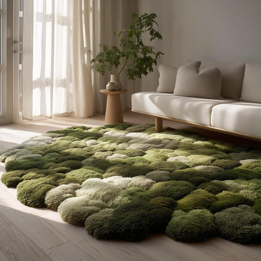Translation missing: es.Handmade green 3D moss rug with textured pebble surface and cushioned organic area design