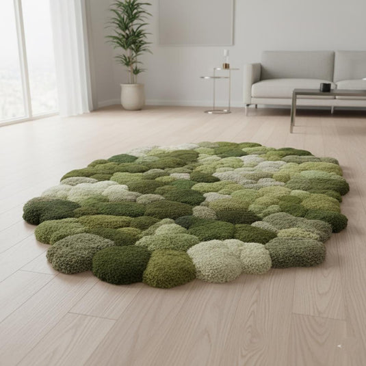 Translation missing: es.Green 3D moss rug with textured pebble design and soft cushioned surface, handmade tufted organic area rug