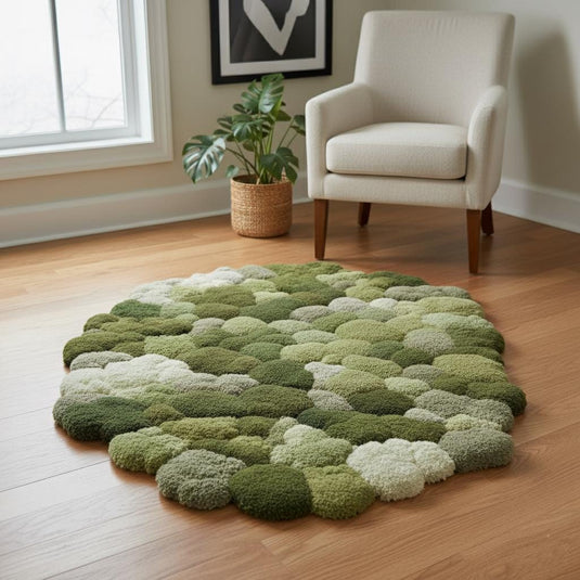 Translation missing: es.Round green 3D moss rug with textured handmade tufted surface mimicking forest floor organic area carpet