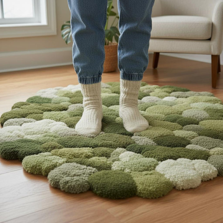 Translation missing: en.Handmade 3D moss rug with green textured pebble design, round organic area rug for living room and meditation spaces