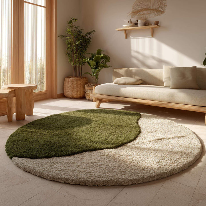 Translation missing: es.3D moss stone rug round green grey textured accent carpet for meditation room