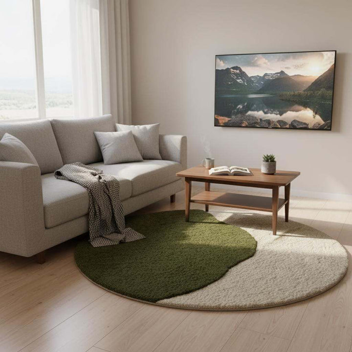 Translation missing: es.3D moss stone rug with green and grey textured round design for boho and minimalist home decor