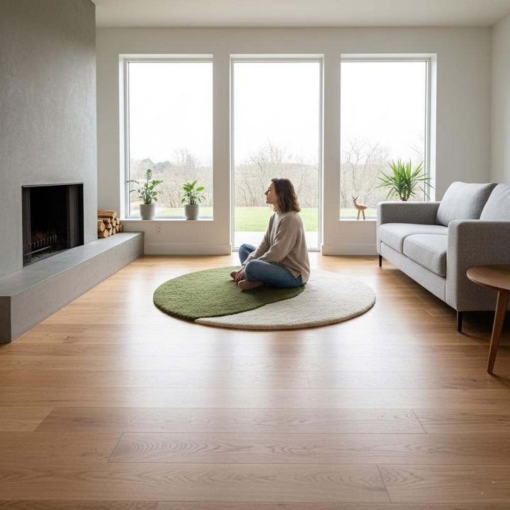 Translation missing: es.3D moss stone rug with green and grey textured round design for calming indoor decor