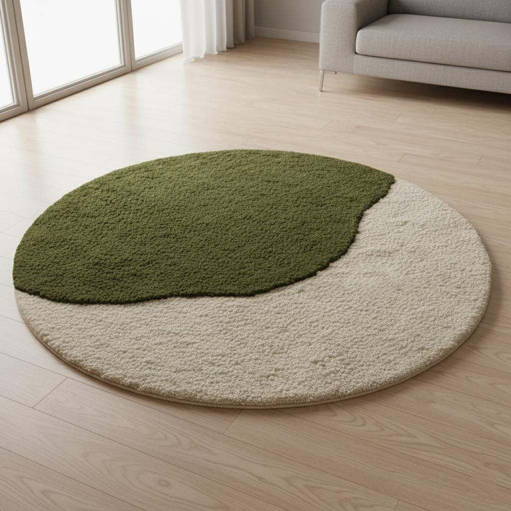 Translation missing: es.3D moss stone rug with green and grey textured round design for calming home decor