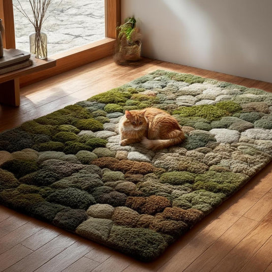 Translation missing: es.3D moss tufted rug with green and brown textured forest floor design for living room and meditation spaces