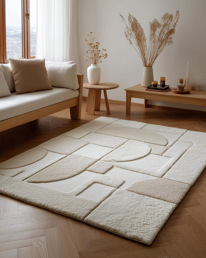 Translation missing: es.3D textured geometric area rug in beige and cream with modern carved design
