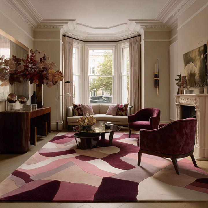 Translation missing: es.Abstract area rug with burgundy, blush, mauve organic shapes in 9x12 large geometric design