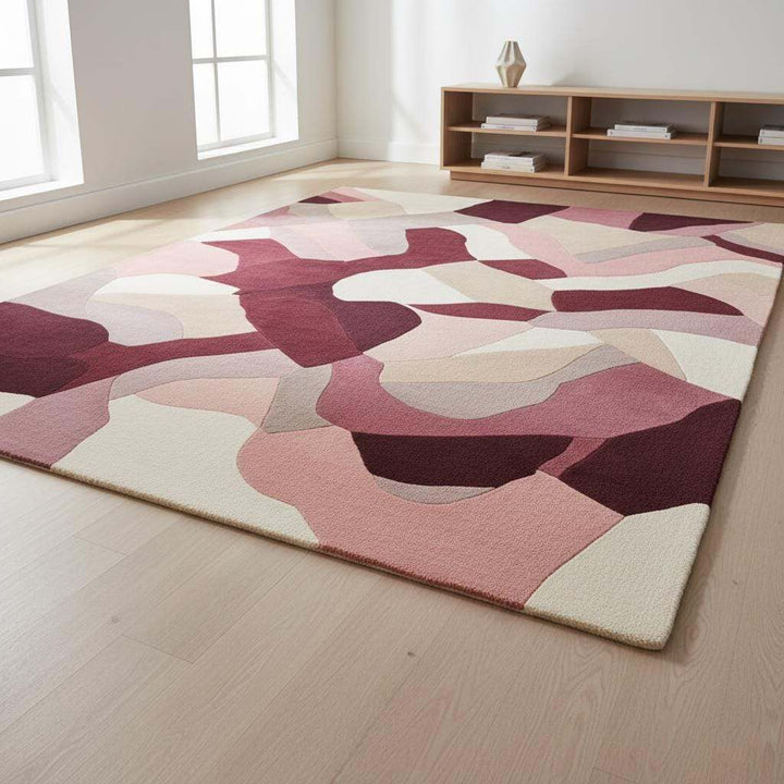Translation missing: es.Abstract area rug with burgundy, blush, and mauve geometric design, 9x12 feet large carpet for modern living rooms