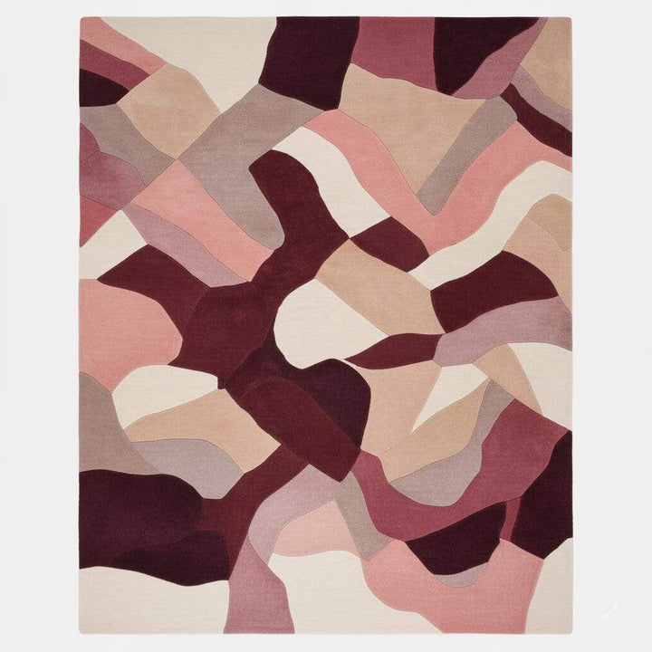 Translation missing: es.Abstract area rug with burgundy, blush, mauve, and cream geometric organic shapes, 9x12 feet large contemporary living room carpet