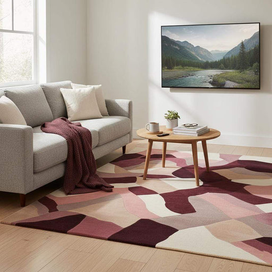 Translation missing: es.Abstract area rug in burgundy, blush, and mauve with geometric organic shapes, 9x12 feet large carpet for modern living rooms