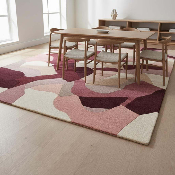 Translation missing: es.Abstract area rug in burgundy, blush, mauve geometric design, 9x12 feet large carpet for modern living rooms