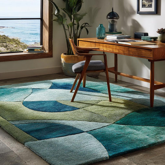 Translation missing: es.Abstract blue green rug with modern coastal geometric design and plush high-low tufted texture