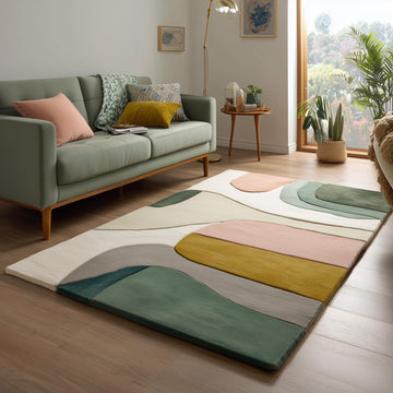 Translation missing: fr.Mid-century color block area rug with geometric design in soft neutral tones of sage green, blush, mustard, cream, and grey