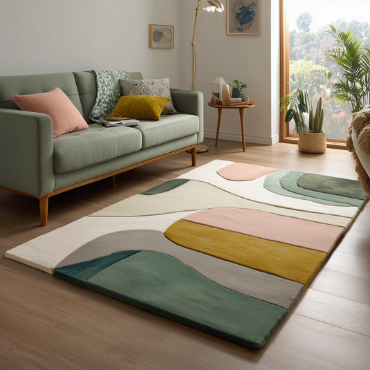 Translation missing: es.Mid-century color block area rug with geometric design in soft neutral tones of sage green, blush, mustard, cream, and grey