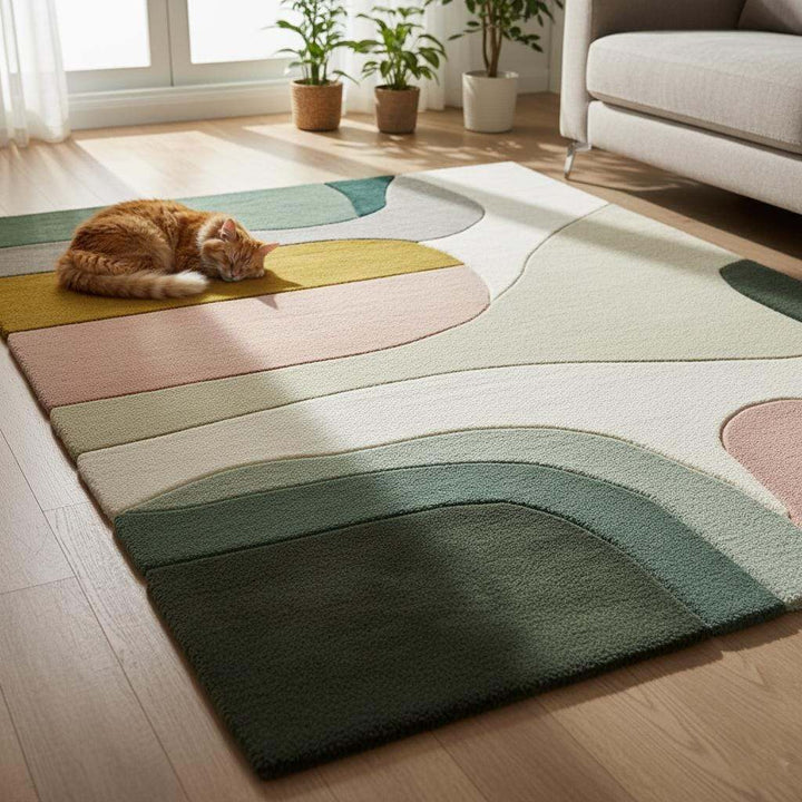 Translation missing: en.Color Block Area Rug with geometric mid-century design in soft neutral tones including sage green, blush pink, mustard, cream, and grey