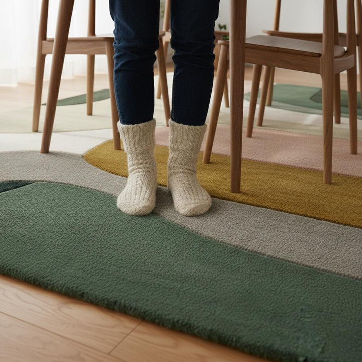 Translation missing: en.Mid-century color block area rug with curved geometric design and soft neutral tones