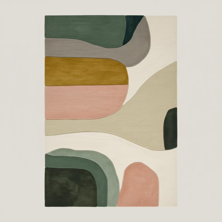 Translation missing: en.Rectangular color block area rug with mid-century geometric design in sage green, blush pink, mustard, cream, and grey tones