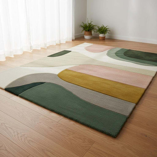Translation missing: es.Mid-century color block area rug with soft neutral tones and geometric design