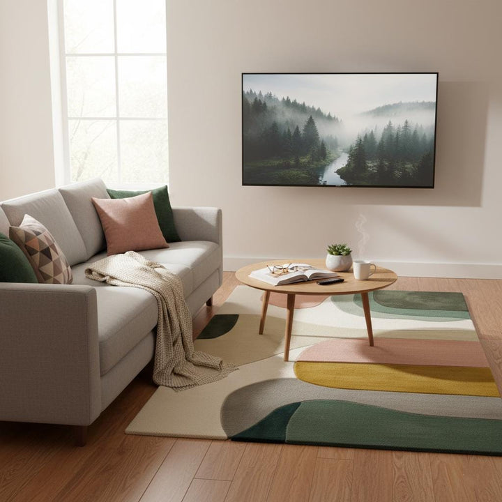 Translation missing: en.Mid-century color block area rug with soft neutral geometric design and rounded edges