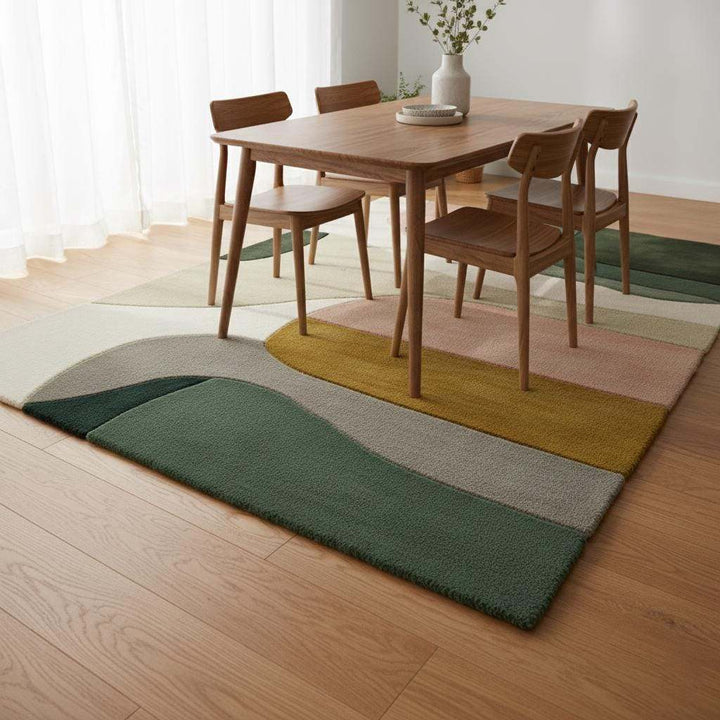 Translation missing: en.Mid-century color block area rug with geometric design in soft neutral tones including sage green, blush pink, mustard, cream, and grey