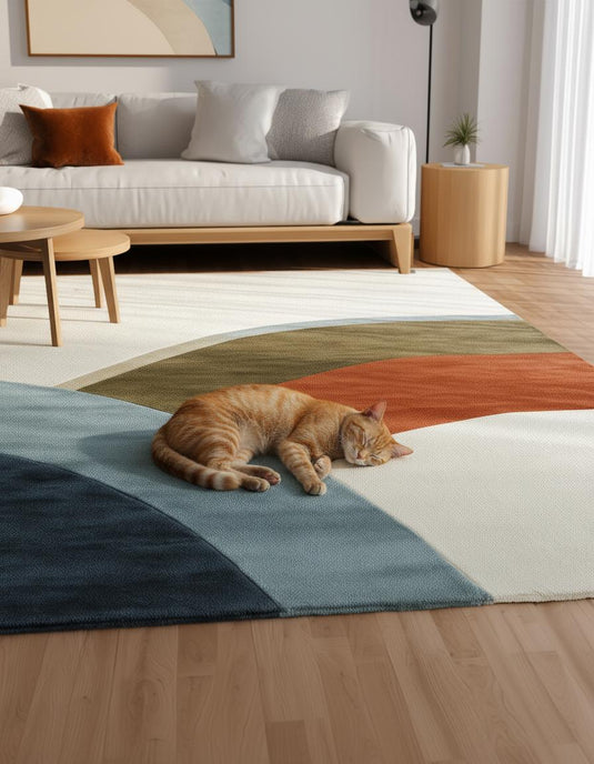 Translation missing: es.Abstract Color Block Area Rug: Terracotta, Sage, and Blue on Ivory