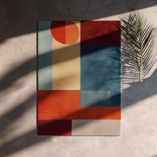 Translation missing: es.Mid century modern abstract geometric rug with teal and orange accent colors and plush pile
