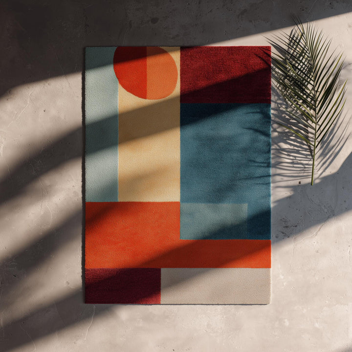 Translation missing: es.Mid century modern abstract geometric rug with teal and orange accent colors and plush pile