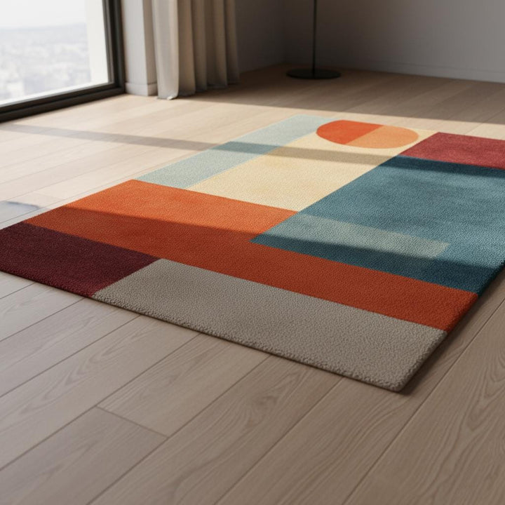 Translation missing: es.Abstract geometric rug in teal and orange with mid century modern design and plush pile texture