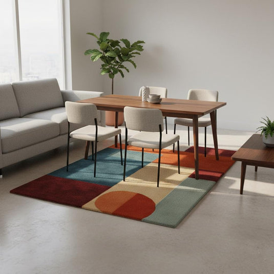 Translation missing: es.Abstract geometric rug with teal and orange mid century modern design and plush pile carpet