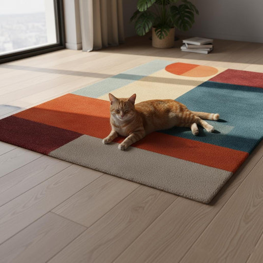 Translation missing: es.Abstract geometric mid century modern rug with teal and orange accents in living room