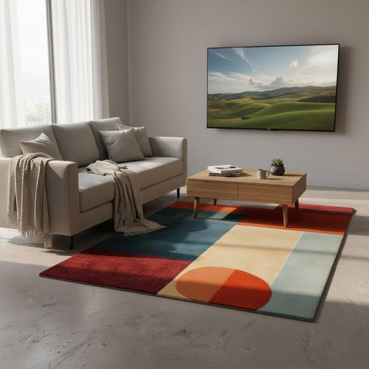 Translation missing: es.Abstract geometric rug with teal and orange mid-century modern design