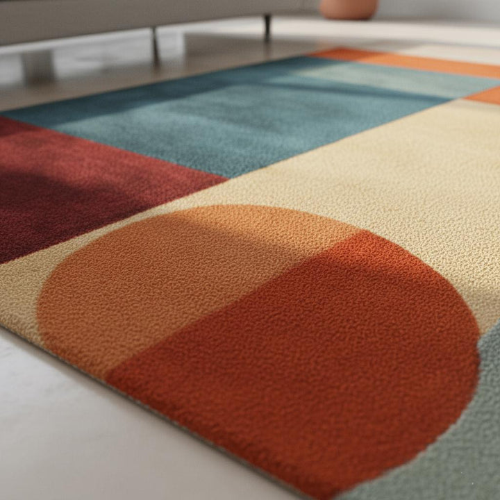 Translation missing: es.Abstract geometric rug with teal, orange, and mid-century modern design in living room setting